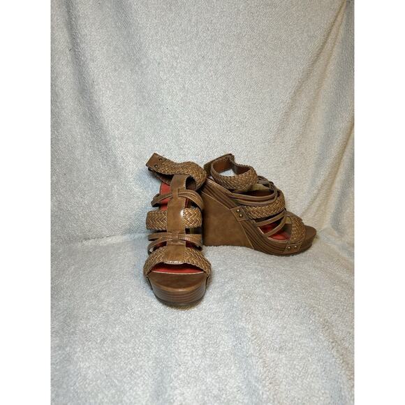 Michael Antonio Women's size 7.5 Brown Woven Strapped Heels with Ankle Strap - Picture 1 of 9